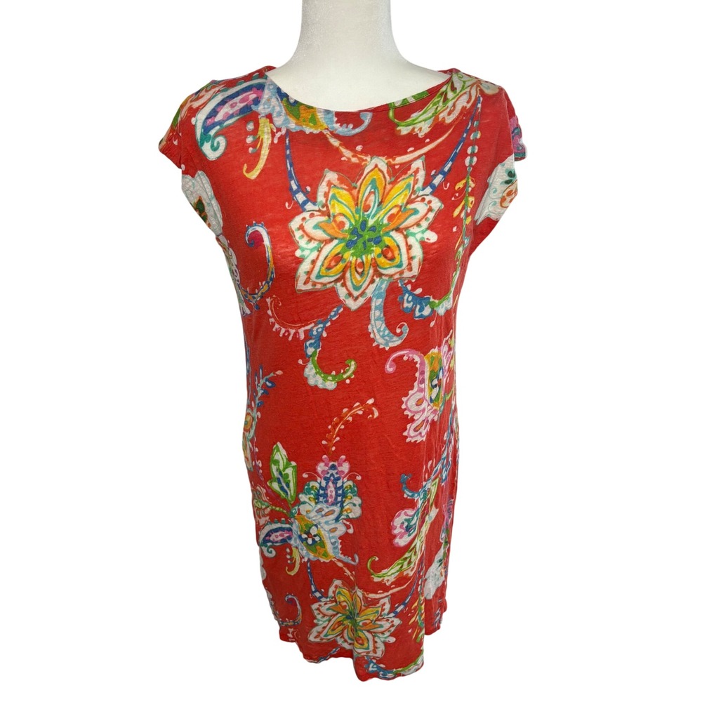 Lauren Ralph‎ Lauren Red Floral Paisley 100% Linen Shift Dress Womens S tropical